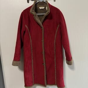 Vintage L.L. Bean Coat Shearling Suede Jacket Red Womens Medium LL Long